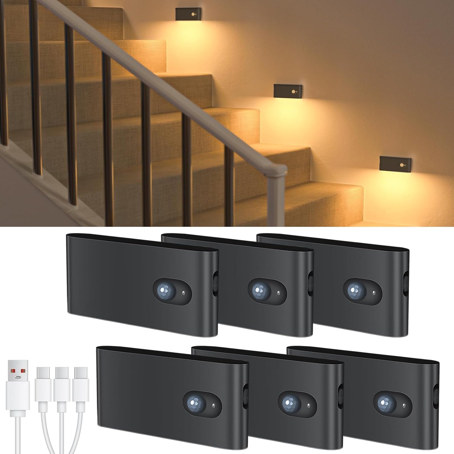 Rechargeable Motion Sensor Night Light - Wireless Battery-Powered LED for Hallway, Stairway & Bathroom - 6 Pack