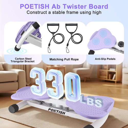 Waist Twister Ab Machine, 300 lbs Weight Capacity, Adjustable Ab Twister Board with Foot Massage for Belly Fat Loss, Noiseless Home Gym Equipment for Women/Men (Purple)