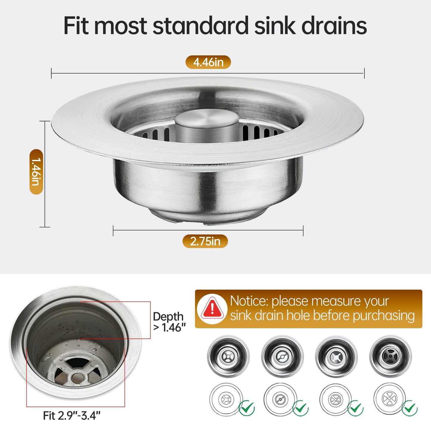 YYKBZ 3 in 1 Kitchen Sink Drain Strainer， Stainless Steel Pop Up Sink Stopper， Plug for Sink Drain Strainer with Anti-Clogging Basket for Us Standard 3-1/2"Drain Easy to Install （1pcs）