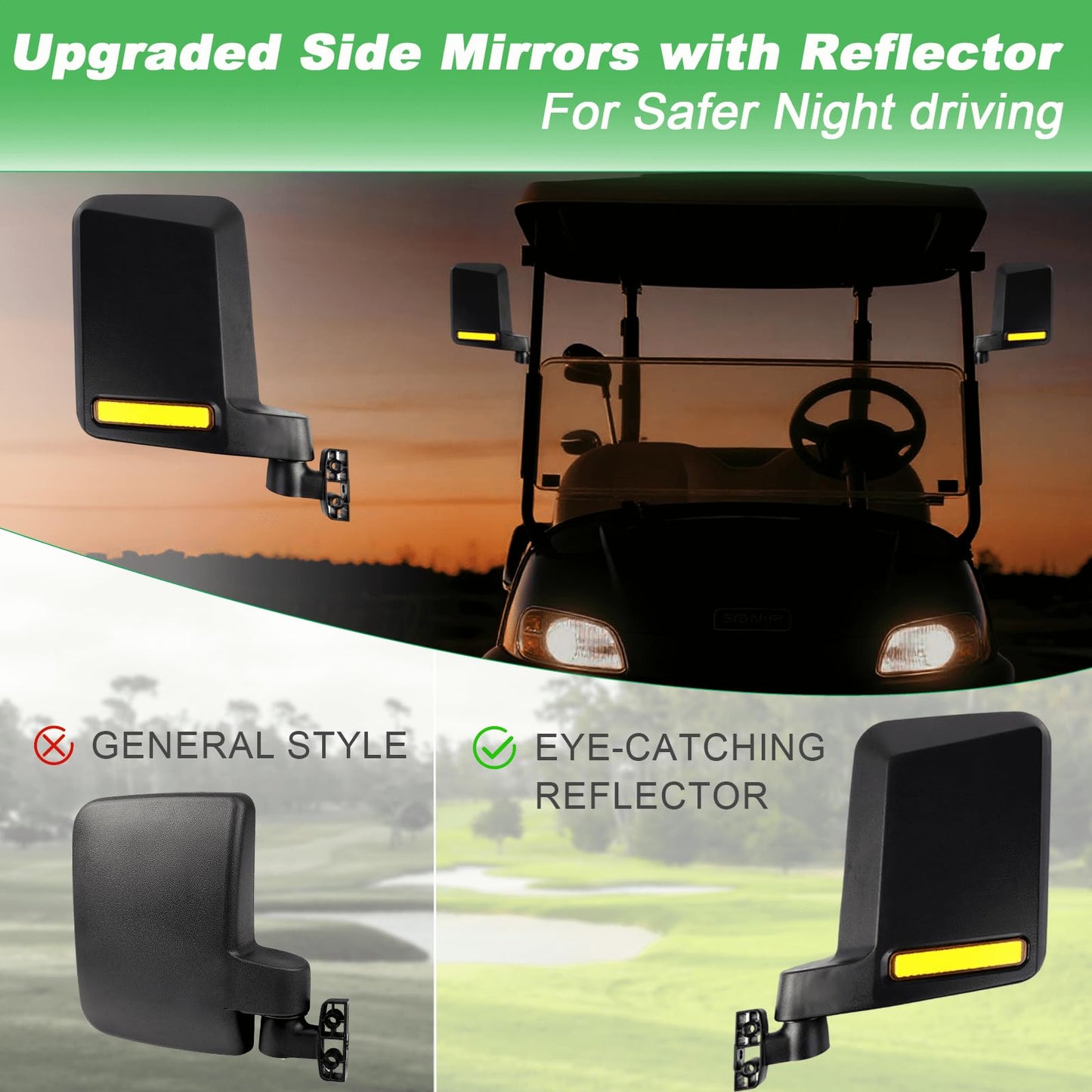 No Drilling Golf Cart Side Mirrors with Built-In Reflector, Universal HD Folding Side View Mirrors Fit EZGO, Club Car, Yamaha Golf Carts, for 0.75"/1"/1.25" Square Strut, Shatterproof Anti-Fog Glass