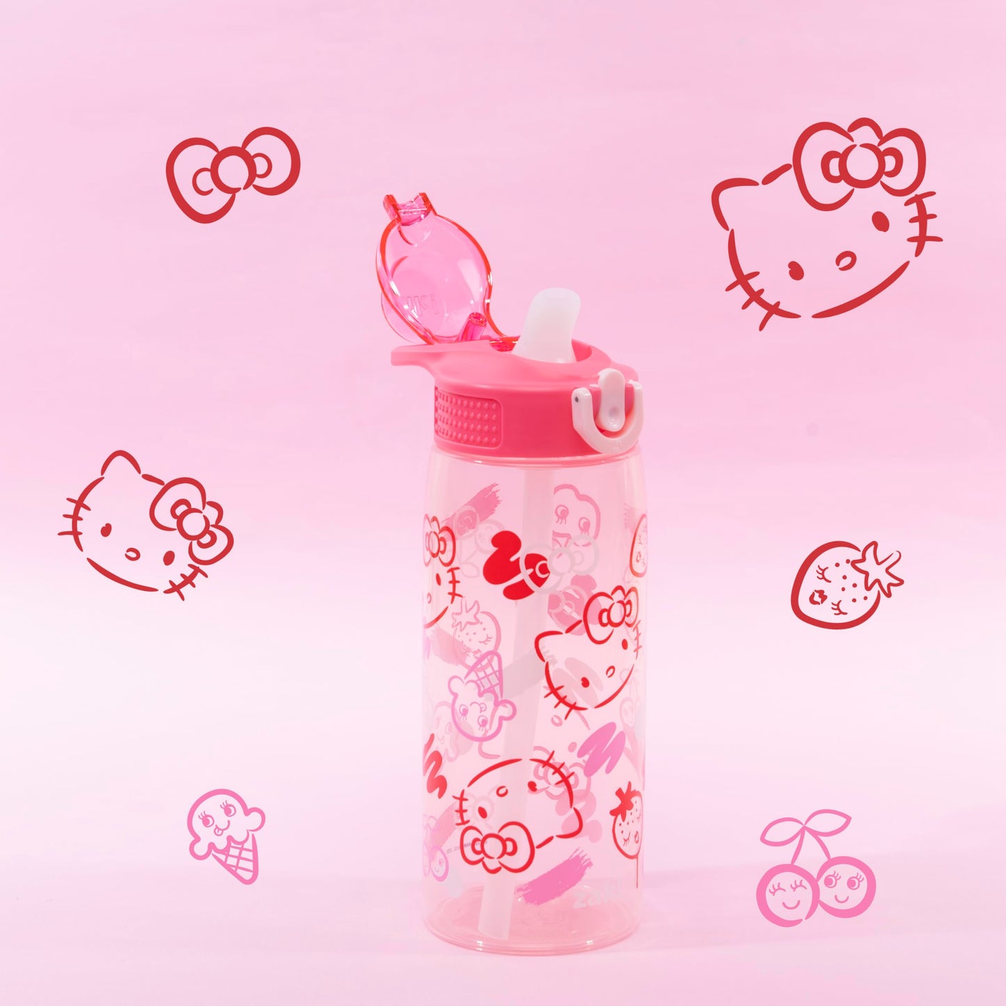 Zak Designs Sanrio Sage Water Bottle For School or Travel, 25oz Durable Plastic Water Bottle With Straw, Handle, and Leak-Proof, Pop-Up Spout Cover (Hello Kitty)