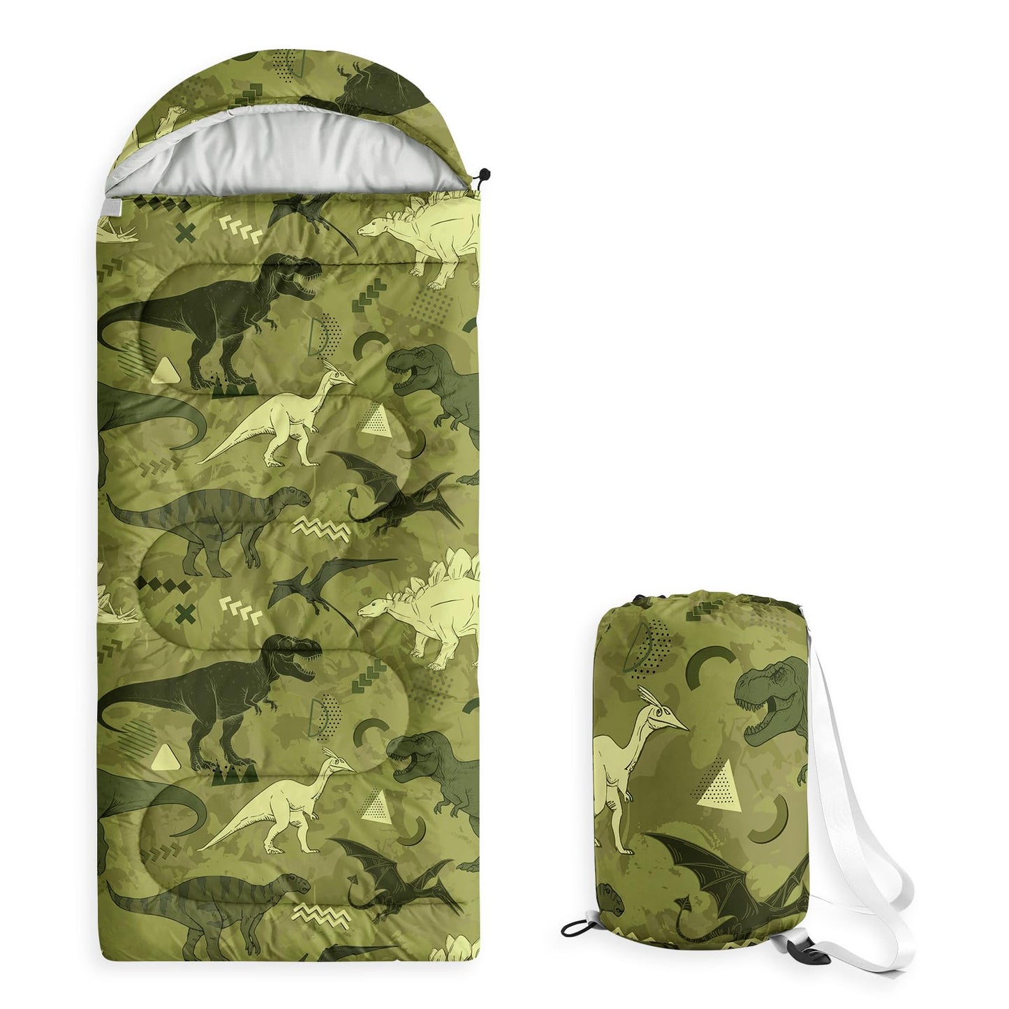 Wake In Cloud - Kids Sleeping Bag for Boys Toddlers, Camping in Warm Cold Weather, Backpacking Lightweight Compact Outdoor Liner for 3 Seasons, Colorful Dinosaur Graffiti, Army Green