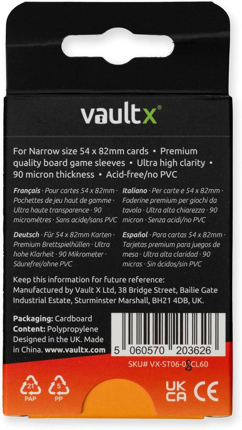 Vault X Narrow Board Game Sleeves - Premium Quality 56 x 82mm (60 Pack) for Catan