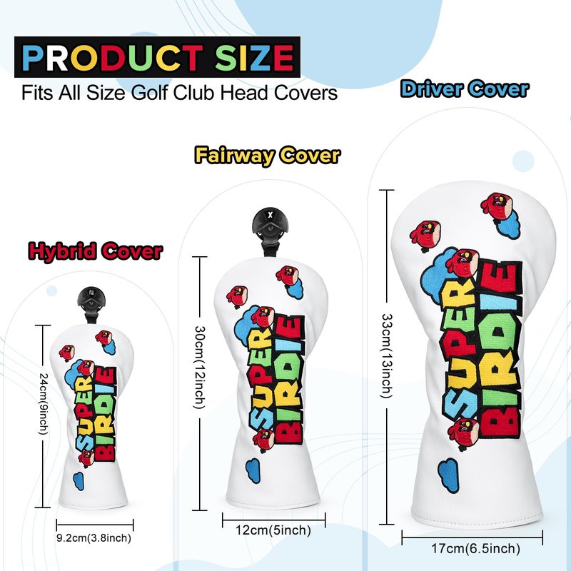 Golf Club Head Covers, Super Birdie Design Golf Driver Covers, Fairway Wood and Hybrid Head Covers with Interchangeable Tags, Premium PU Leather Golf Club Covers(Hybrid)