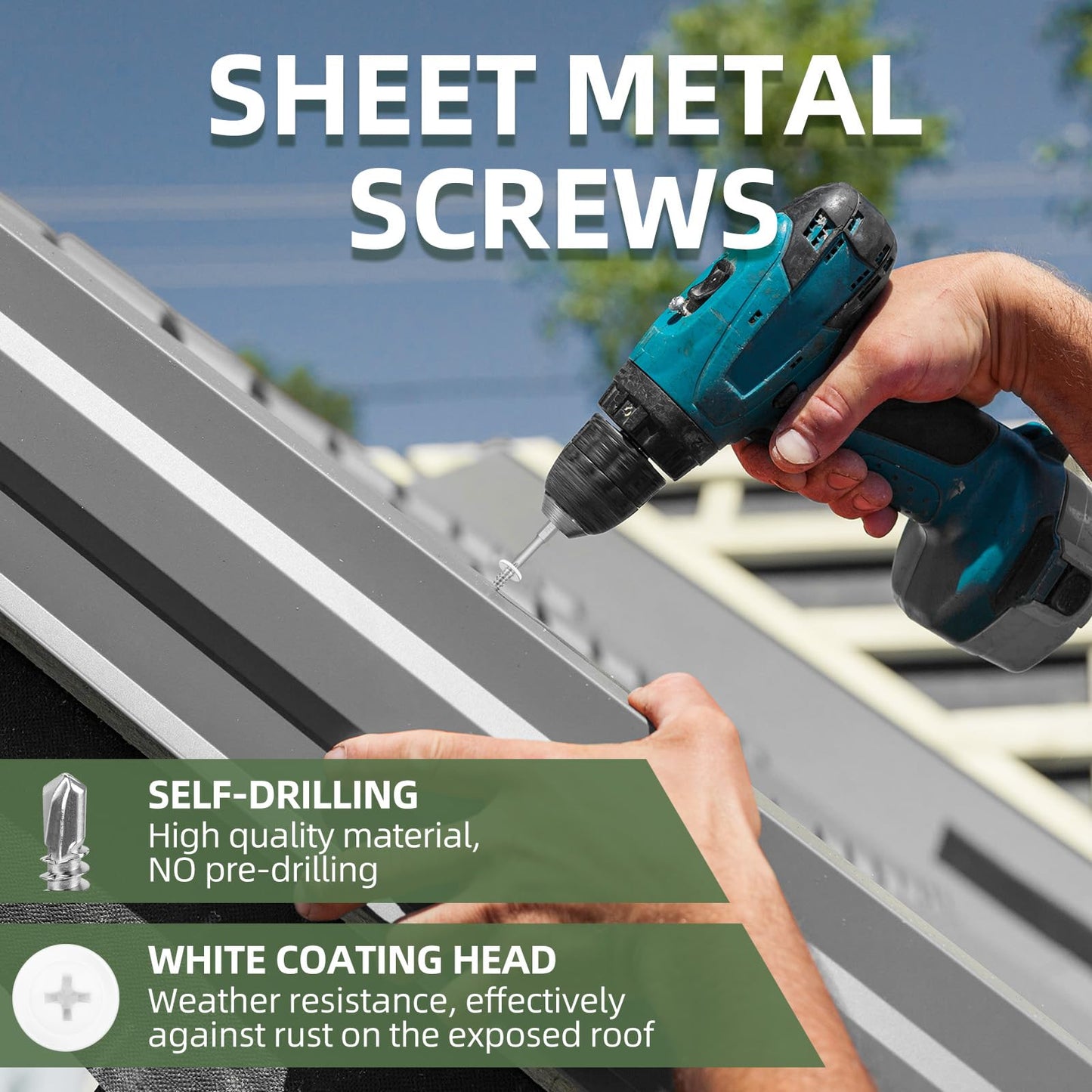 #8 x 1 (100 PCS) White Head Fast Self Tapping Sheet Metal Screws, Modified Truss Head Self Drilling Screw, Full Thread, Screwdriver Bit Included