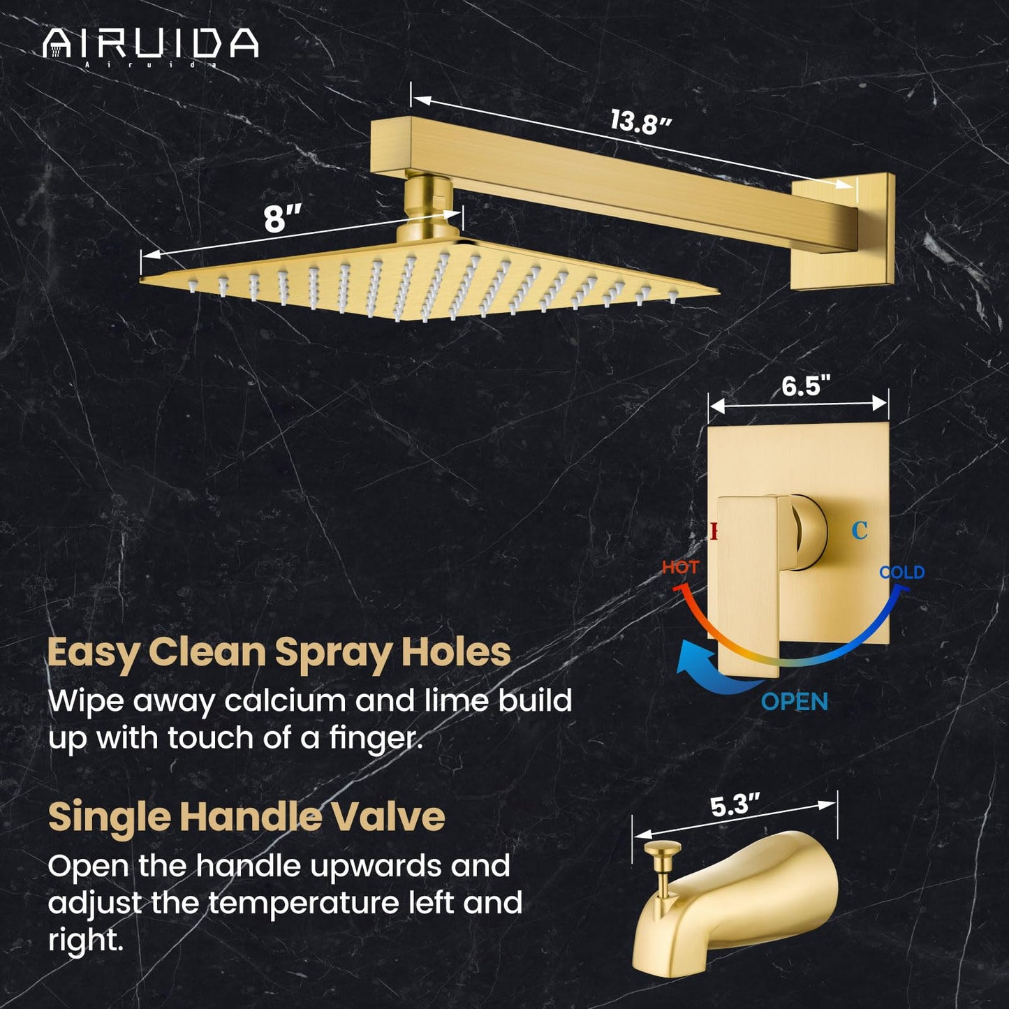 Airuida Bathtub Shower Faucet Set with Tub Spout Faucet Kit and 8 Inch Square Rainfall Showerhead Modern Complete Tub Shower Trim Kit with Solid Brass Rough-in Valve Brushed Gold