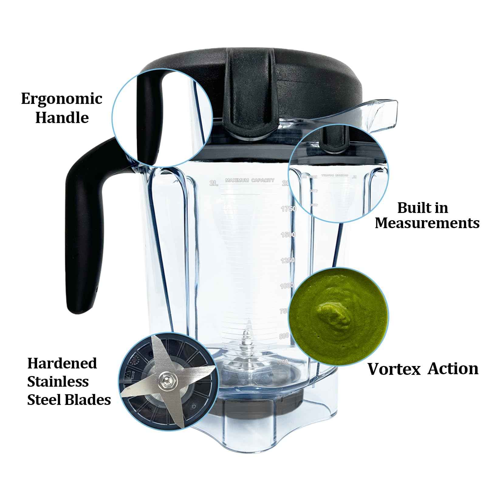 For Vitamix Blender Pitcher 64oz Low-Profile, Replacement Pitcher for Vitamix 750 5300 5200 5000 7500 6300 Vm0102 Vm0103 Vm0197 E310 G/Classic C/Explorian/Commercial series etc