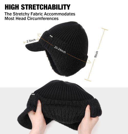Wmcaps Winter Beanie with Brim and Ear Flaps, Fleece Lined Warm Knit Hat for Men Women Outdoor Thermal Stocking Cap Black