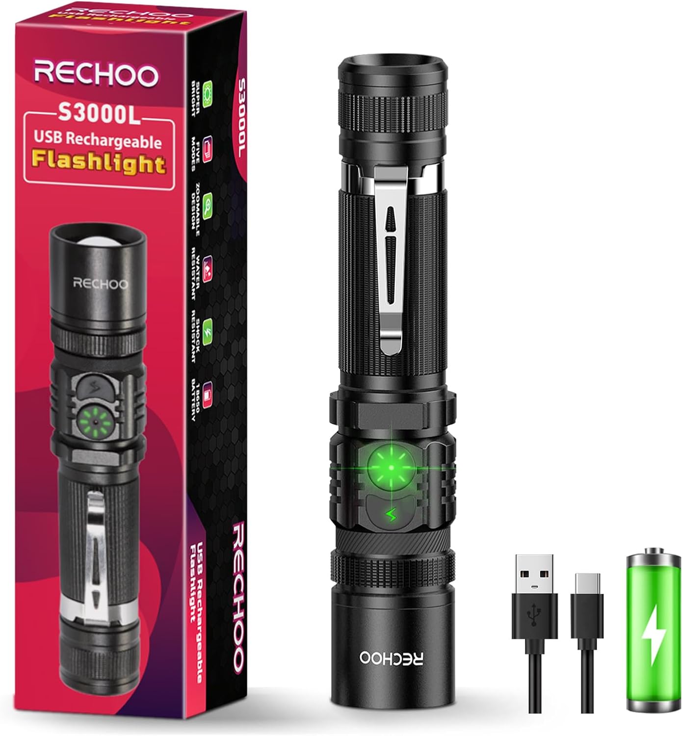 RECHOO Rechargeable LED Flashlight - High Lumens, Adjustable Focus, 5 Lighting Modes | Perfect for Home & Camping