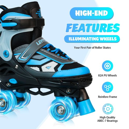 LEVYTEMP Roller Skates for Boys Girls Kids, 4 Size Adjustable Quad Skates with All Light Up Wheels for Beginners Indoor Outdoor Sports