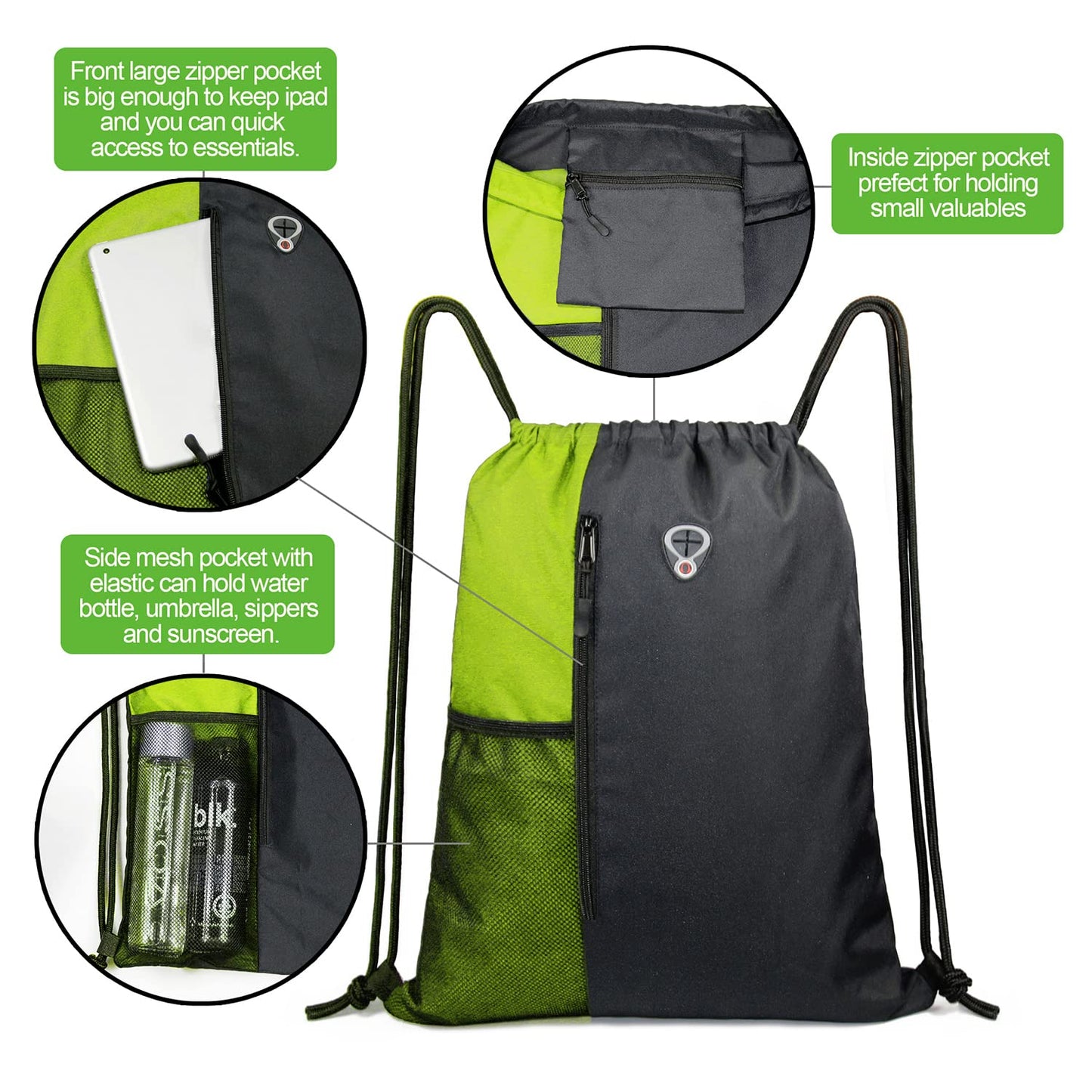 BeeGreen Lime Gym Bag Drawstring Backpack for Women Sports Backpack Workout Bag With 2 Water Bottle Mesh Pockets And Two Zipper Pockets