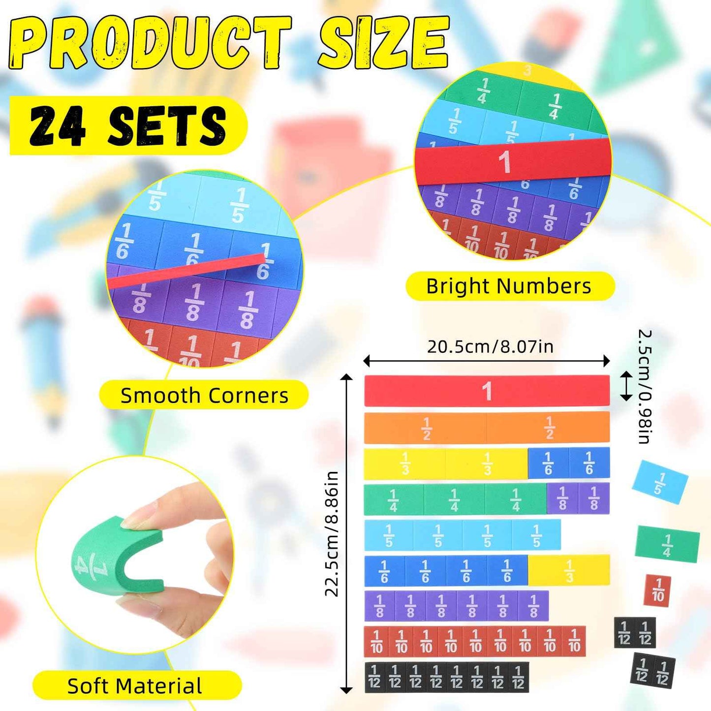 Sayglossy 24 Sets Fraction Tiles Sets for Math Fraction Manipulatives Montessori Math Materials EVA Foam Algebra Tiles Games for Classroom Teaching Aids, Homeschool Supplies