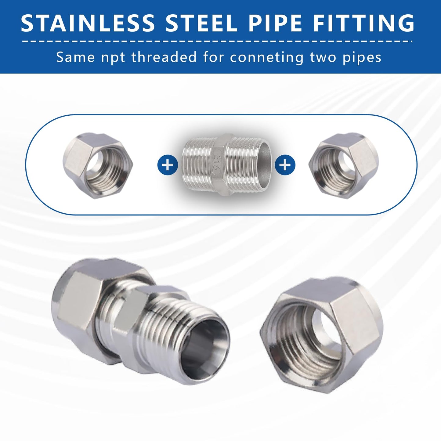 1/2" Male to 1/2" Male Hex Nipple Adapter, 316 Stainless Steel 1/2 Inch NPT Threaded Pipe Fitting, Heavy Duty Coupling for Plumbing Systems, Oil, Gas & Steam (2-Pack)