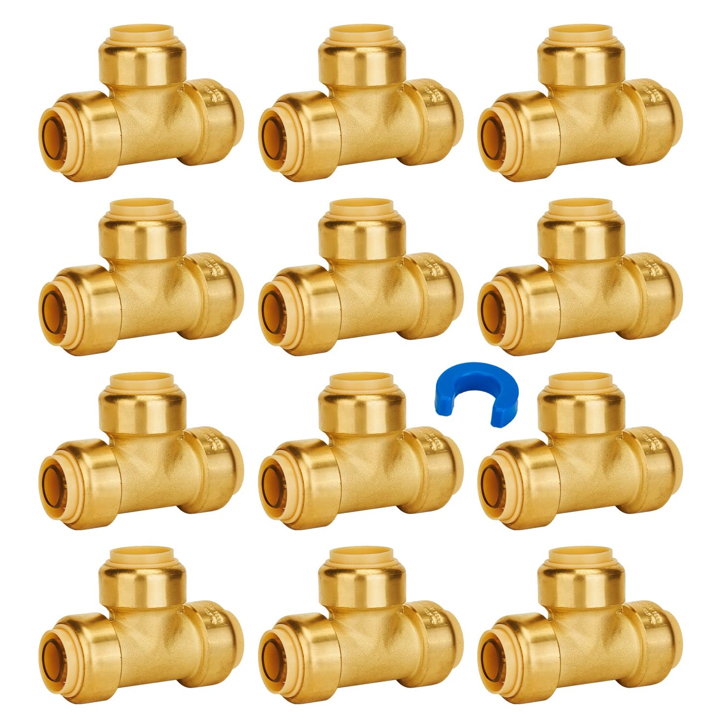 SUNGATOR 12-Pack Tee Plumbing Pipe Connector, 3/4-Inch Push Fit PEX Tee, No Lead Brass T Fittings with Disconnect Clip, Push-to-Connect, Copper, CPVC
