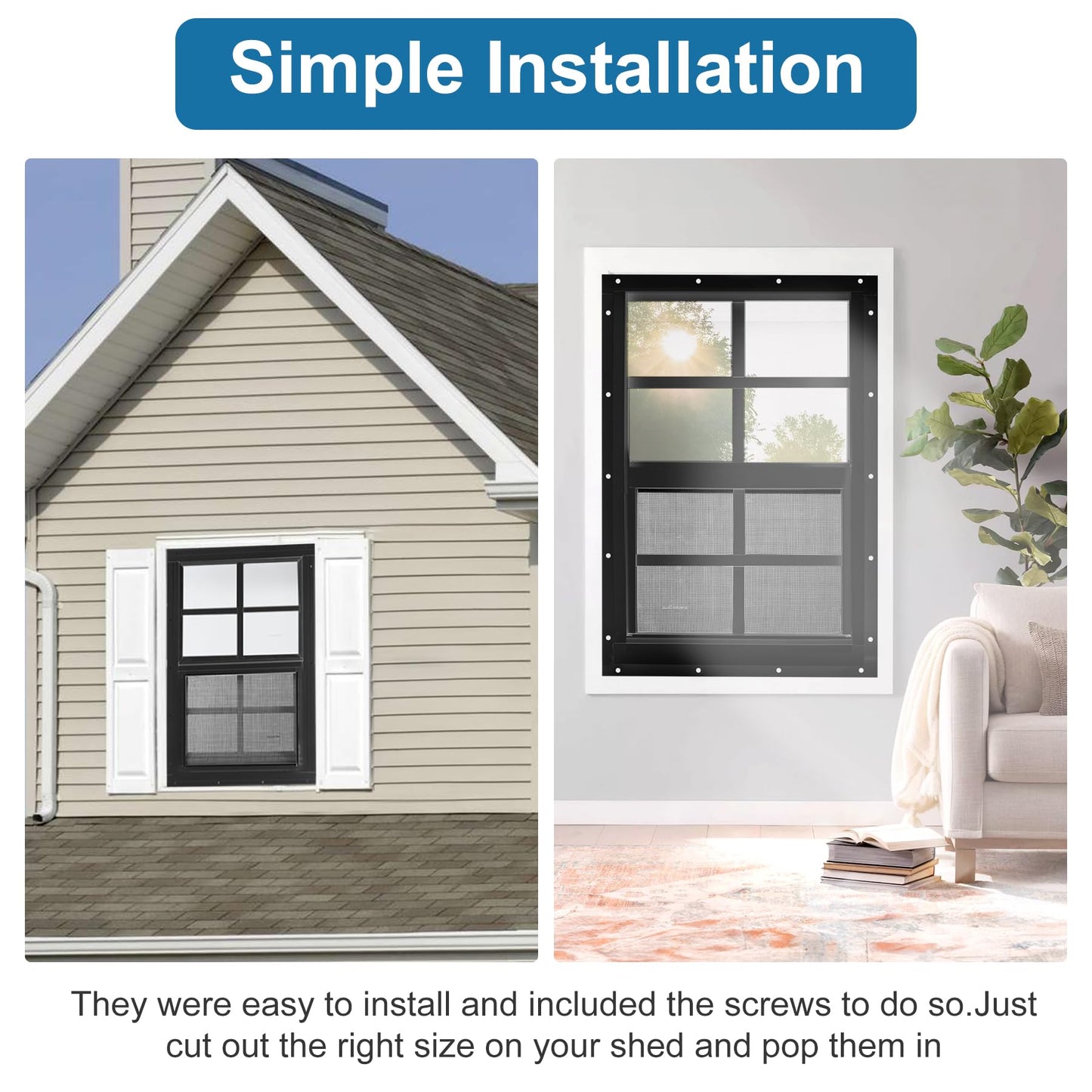 Ktondic 2 Pack Shed Window 14"X21" Black Flush Mount Household Windows with Tempered Glass and Fiberglass Screen for Shed Chicken Coop Playhouse and Garage