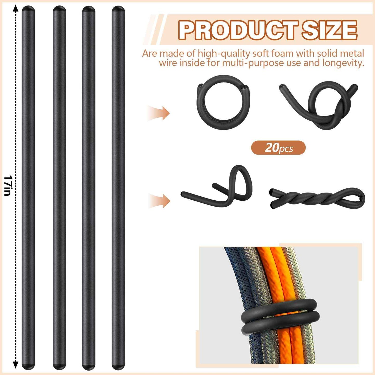 Ninehaoou 20 Pcs 17 Inch EVA Foam Twist Rubber Ties Reusable Bendable Cable Tie Straps Flexible Heavy Duty Twisty Ties for Organizing Cords Bundling (Black)