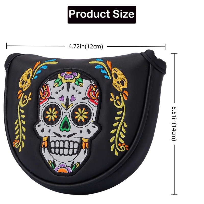 Gbourly Black Golf Club Colorful Skull Skeleton Mallet Putter Head Cover Magnetic Closure Heel Shafted Satin Pattern PU Leather Headcover