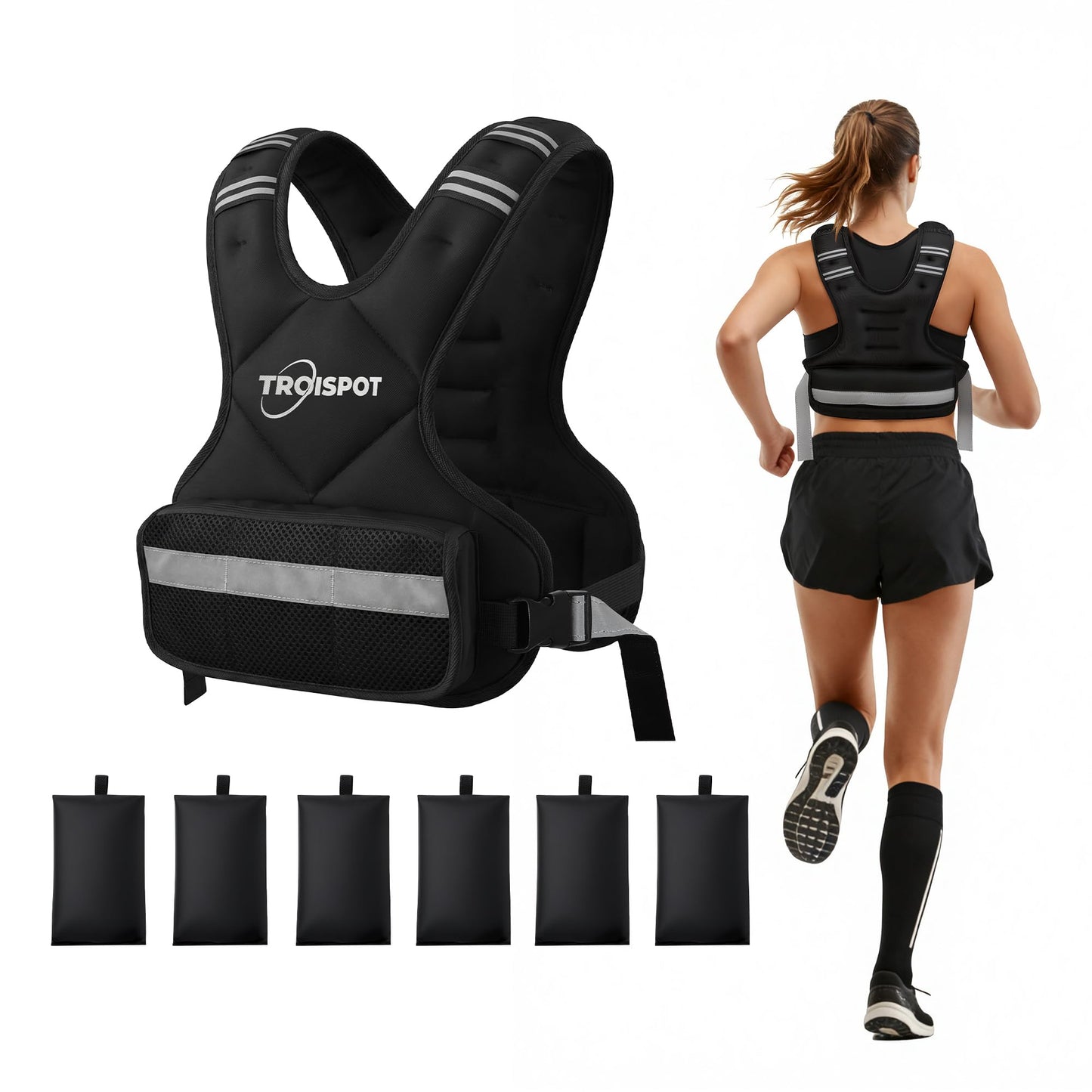 Troispot Weighted Vest, 11-20LB Weight Vest with Reflective Stripe, Body Weight Vest with Back Mesh Pocket for For Women & Men, Home Gym & Outdoor Strength Training