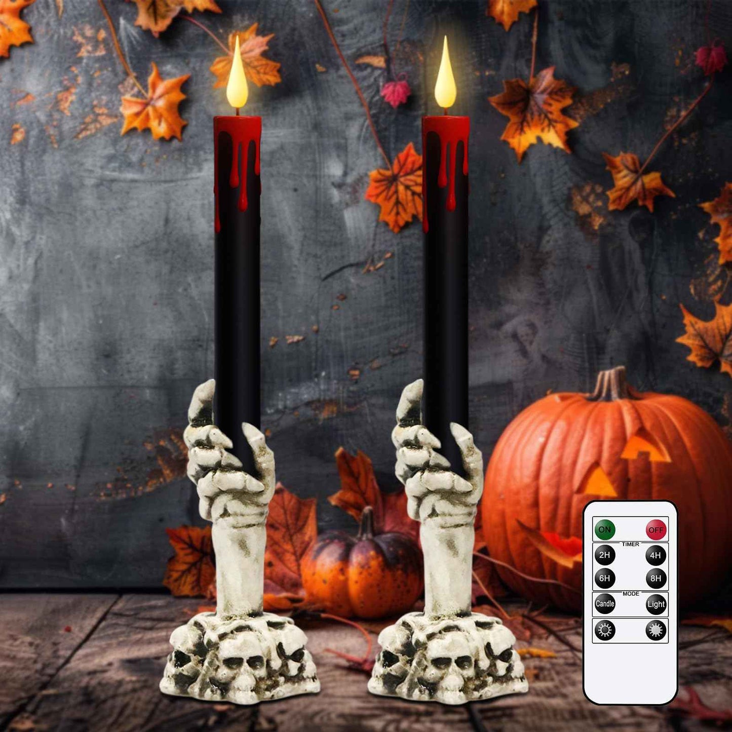 GenSwin Halloween Black Taper Flameless Candles with Ghost Hand Candlesticks and Remote Timer, 2 Pcs Battery Operated Taper Candles with Holder and 3D Flame for Halloween Decor