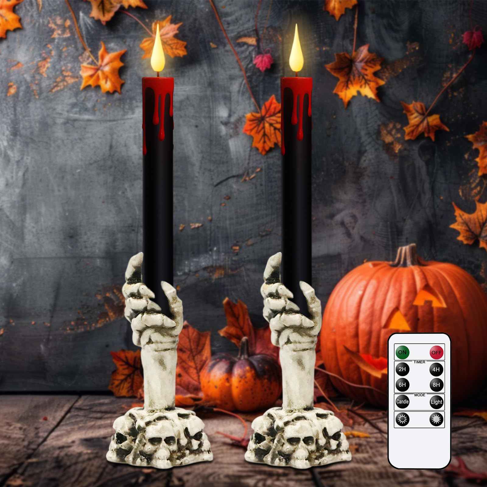 GenSwin Halloween Black Taper Flameless Candles with Ghost Hand Candlesticks and Remote Timer, 2 Pcs Battery Operated Taper Candles with Holder and 3D Flame for Halloween Decor