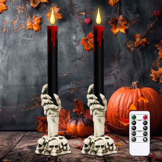 GenSwin Halloween Black Taper Flameless Candles with Ghost Hand Candlesticks and Remote Timer, 2 Pcs Battery Operated Taper Candles with Holder and 3D Flame for Halloween Decor
