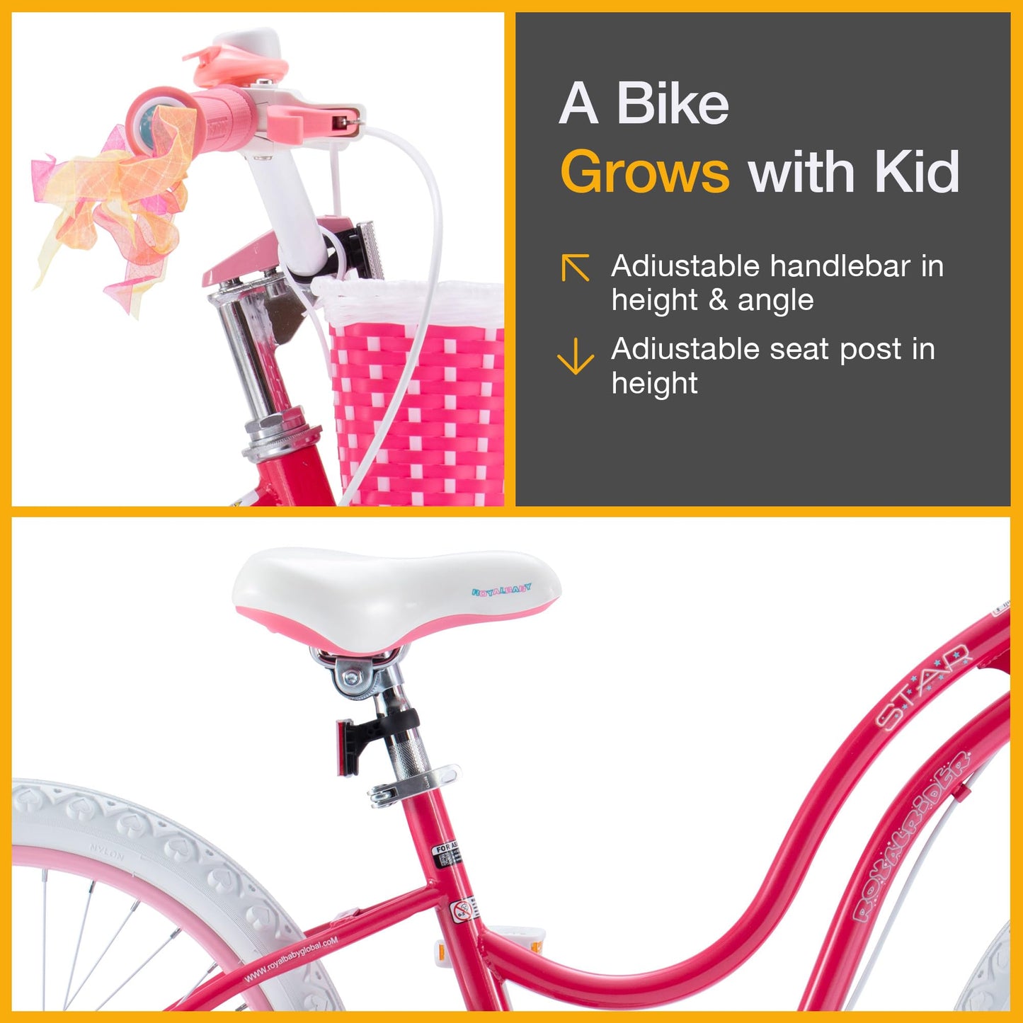 Royalbaby Stargirl Children's Bicycle Outdoor Adventure Ride-On Bike with Kickstand, Adjustable Seat, and Basket, 18 Inch, Pink