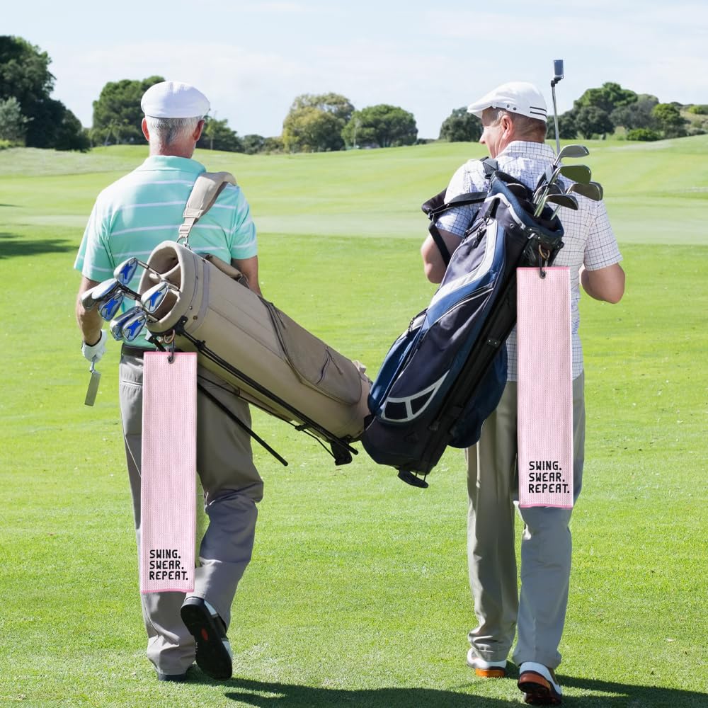 WUUCKOO Swing Swear Repeat Embroidered Pink Golf Towel, Funny Towels for Golf Bags with Clip, Mother Day Retirement Birthday Gifts for Grandma Mom Sister Aunt Golfer Sport Lover, Ladies Golf Towel