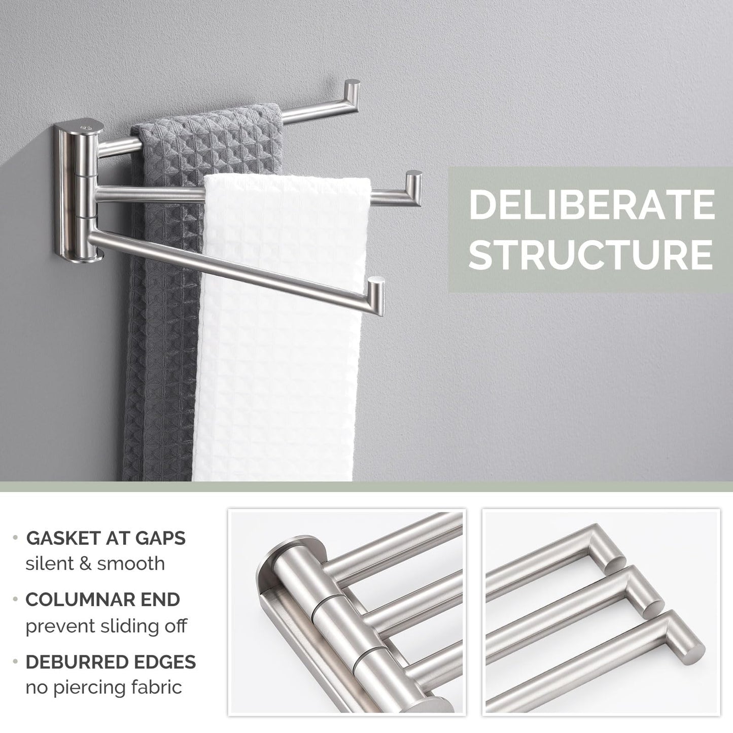 Angle Simple Swivel Hand Towel Holder 3 Bars Brushed Nickel, 304 Stainless Steel Hand Towel Rack for Bathroom Wall Mount