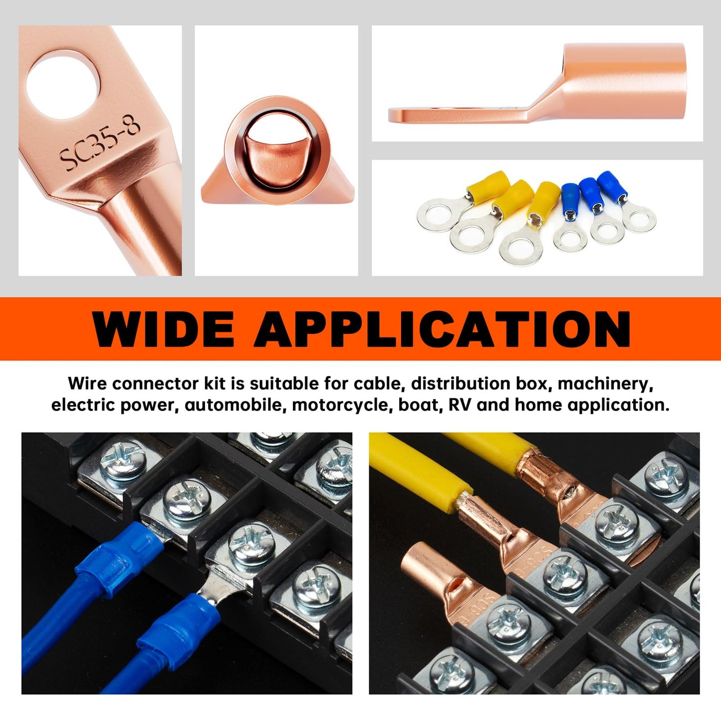 Sanuke 130pcs Copper Wire Lugs, Battery Lugs Awg 2 4 6 8 10 12 14 16 Copper Lugs Assortment Ring Terminals Connectors Wire Connectors Terminals, 70pcs Battery Cable Ends with 60pcs Heat Shrink