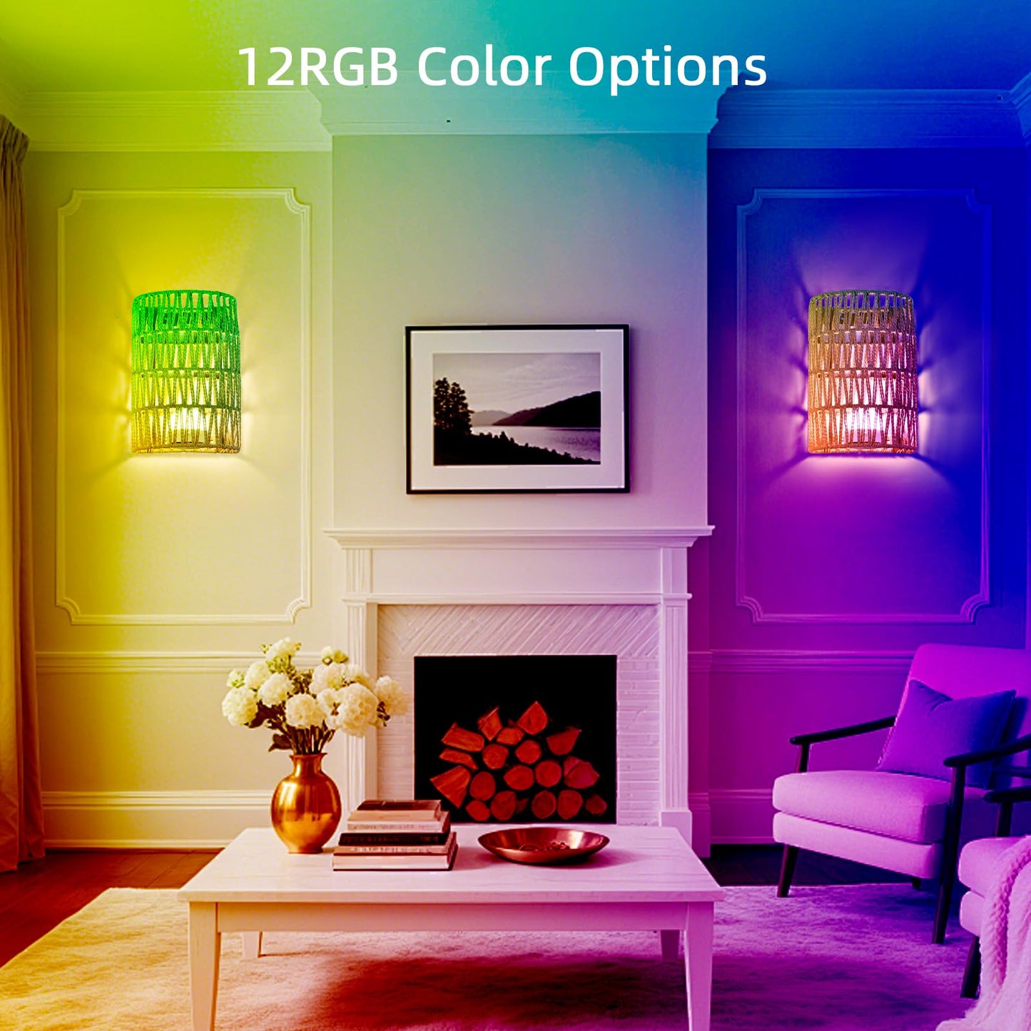 Battery Operated Wall Sconce Set of Two, Rattan rechargeable Wall Sconces Set of 2, Boho Battery Wall lights with Remote, Wireless Wall lamp for Bedroom,Living Room, Entryway 15 Colors Dimmable