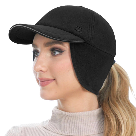 GADIEMKENSD Fleece Winter Hats for Women Reflective Ponytail Hat with Ear Flap Drop Down Ear Warmer Visor Beanie Double Ponytails Hole Baseball Cap for Running Skiing Workout Black