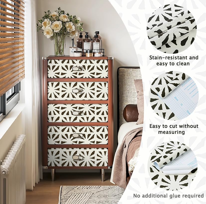 Fiula Peel and Stick Wallpaper Geometric Boho Contact Paper Black 78.7 "x17.3 Beige Self-Adhesive Wallpaper Vintage for Bedroom Waterproof Removable Shelf Liner Decal Vinyl Roll
