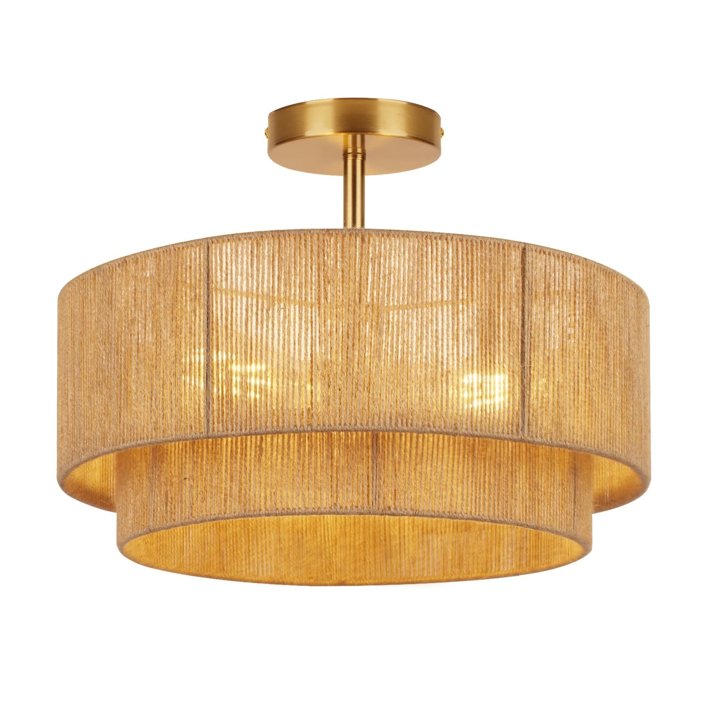 16'' Semi Flush Mount Ceiling Light,Boho Light Fixtures,3-Light Coastal Hemp Rope Ceiling Light Flush Mount with 2-Tier Drum Shade,Farmhouse Rattan Ceiling Lights for Bedroom, Kitchen,Living Room