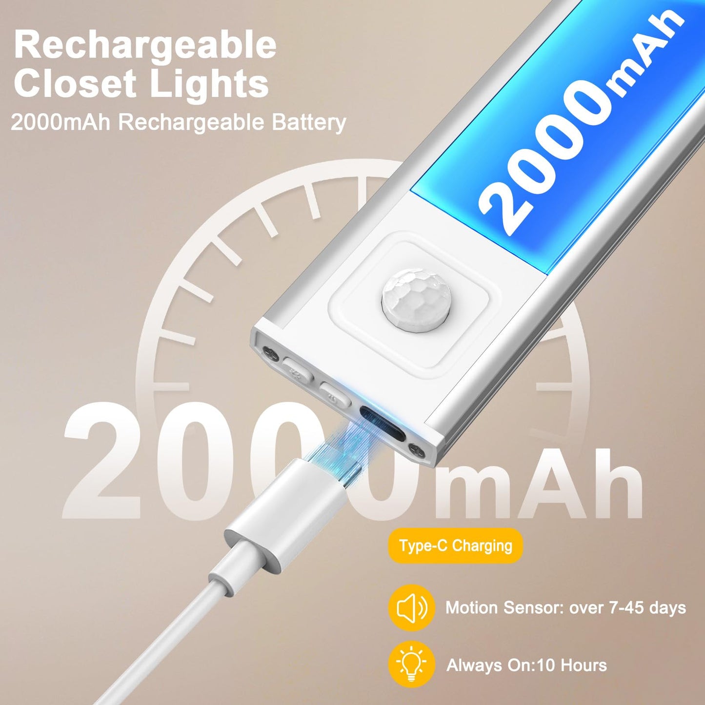 Onforu 9.8" Under Cabinet Lighting, 2000mAh USB-C Rechargeable, Motion Sensor Under Cabinet Lights with 3 Color & Dimmable, Magnetic Under Counter Lights for Kitchen, Closet, 2 Pack