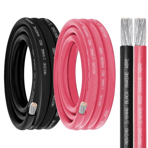 **Tinned Copper 2/0 Gauge Marine Wire - 10FT Red & 10FT Black | Heavy-Duty Boat Cable for Automotive & RV Use**