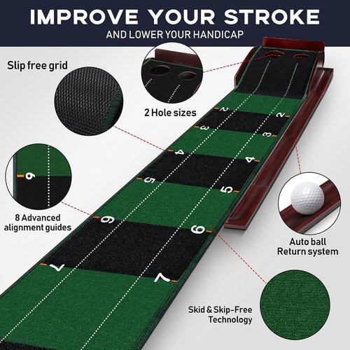 HUAEN Putting mat for Indoors,Golf Practice Putting Green with Ball Return,Office Putting matt,Gift for Golf Lovers