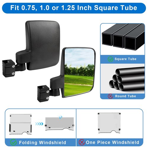 Golf Cart Side Mirrors, No Drilling for EZGO Club Car Yamaha Golf Cart and Others, Fit 3/4, 1.0 and 1 1/4-inch Square Strut, Folding Side Rear View Mirrors Adjustable 180 Degree HD Glass