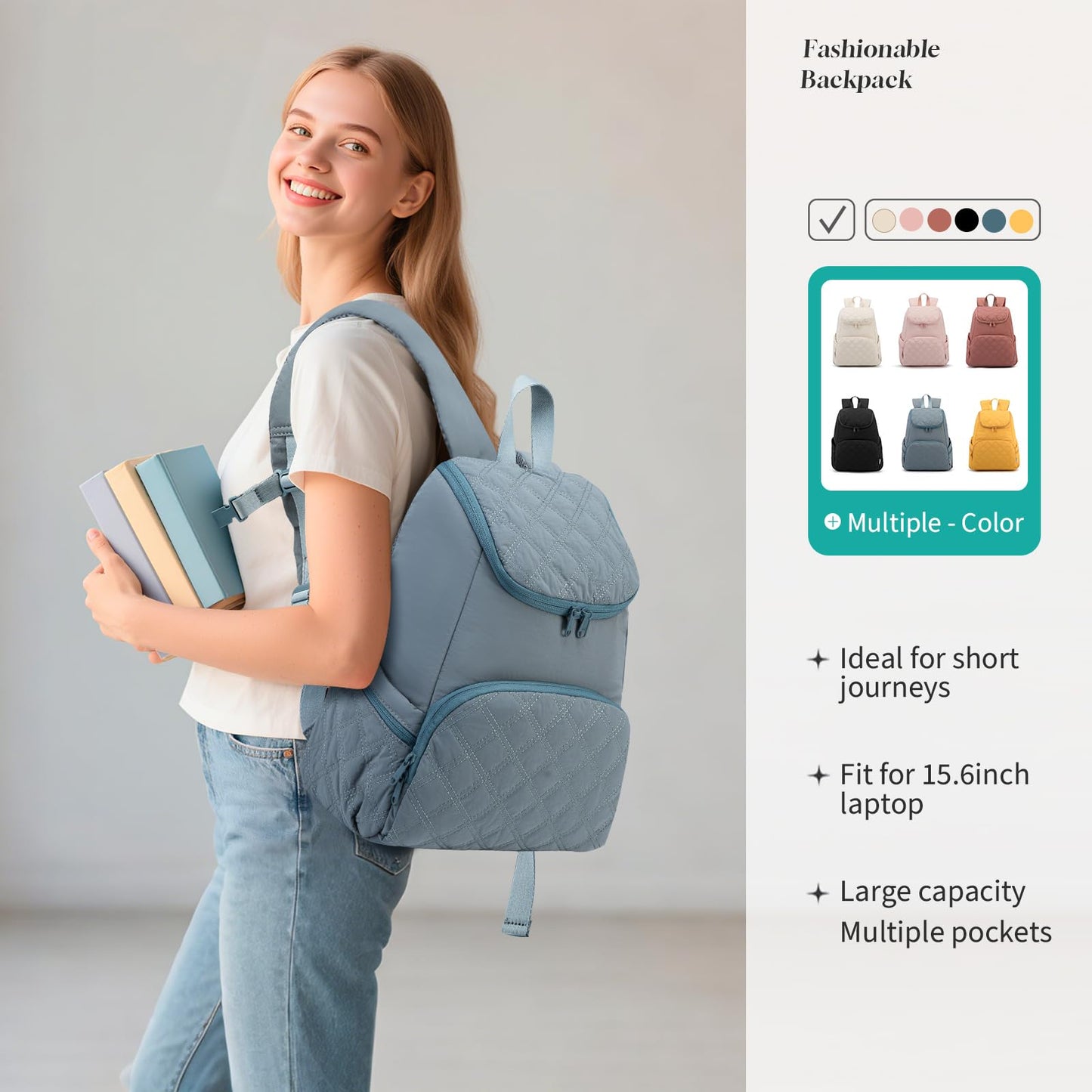 NOL Natural Organic Lifestyle Women's Quilted Puffer Backpack, Large Waterproof Lightweight Puffy Bookbag, Carry on Daypack for Travel, Work (Dusty blue)