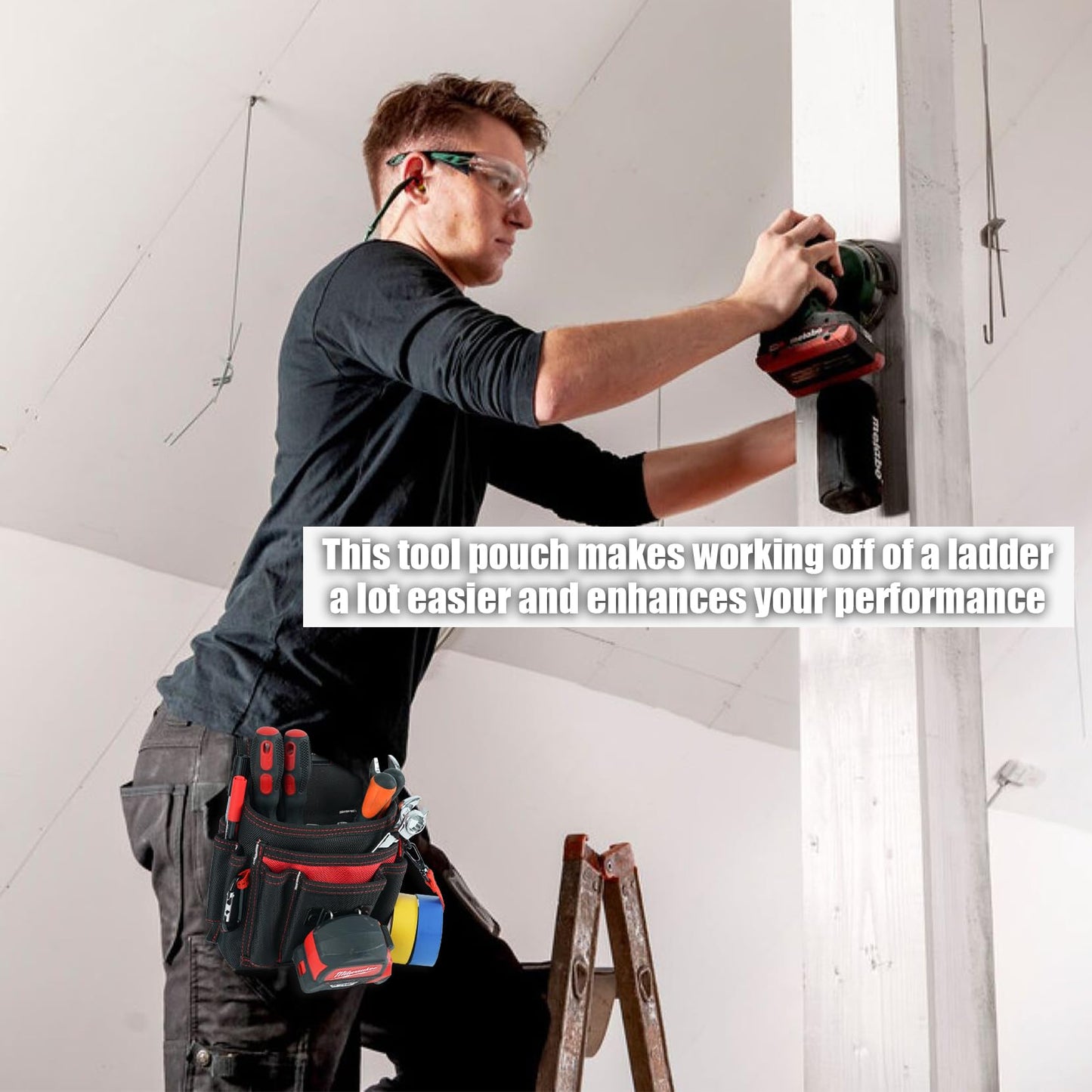 MELOTOUGH Electrician Tool Pouch Lightweight Belt Organizer with Tape Holder & Speed Square Slot for Wiring Construction & DIY Tool Holster with 13 Pockets,Utility Pouch for HVAC Technicians(Red)