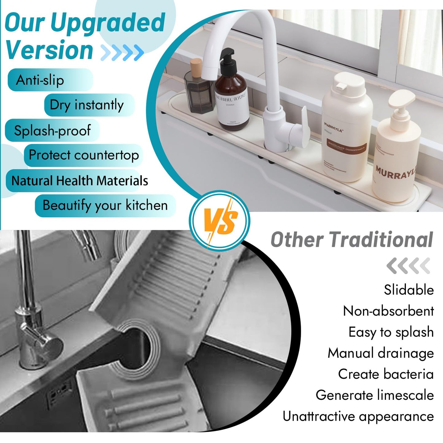 Faucet Mat for Kitchen Sink with Raised Feet, Fast Drying Diatomite Stone Sink Tray, Water Absorbent Faucet & Sink Splash Guard, Prevents Moisture Buildup, Durable Protector for Bathroom Counter