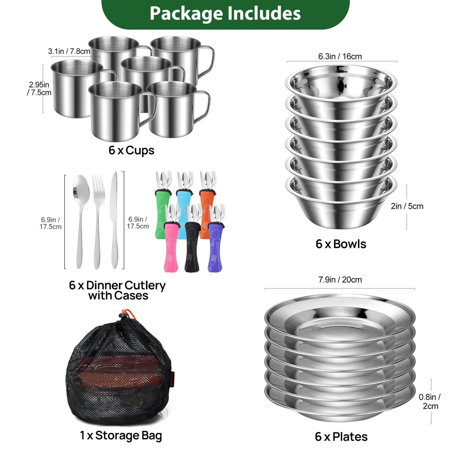 Odoland 29pcs Stainless Steel Utensils Camping Mess Kits with Bowls Plates Cups Forks Spoons and Knives for 4, Cutlery Flatware Set for Backpacking, Outdoor Camping Hiking and Picnic, 6 Person Set