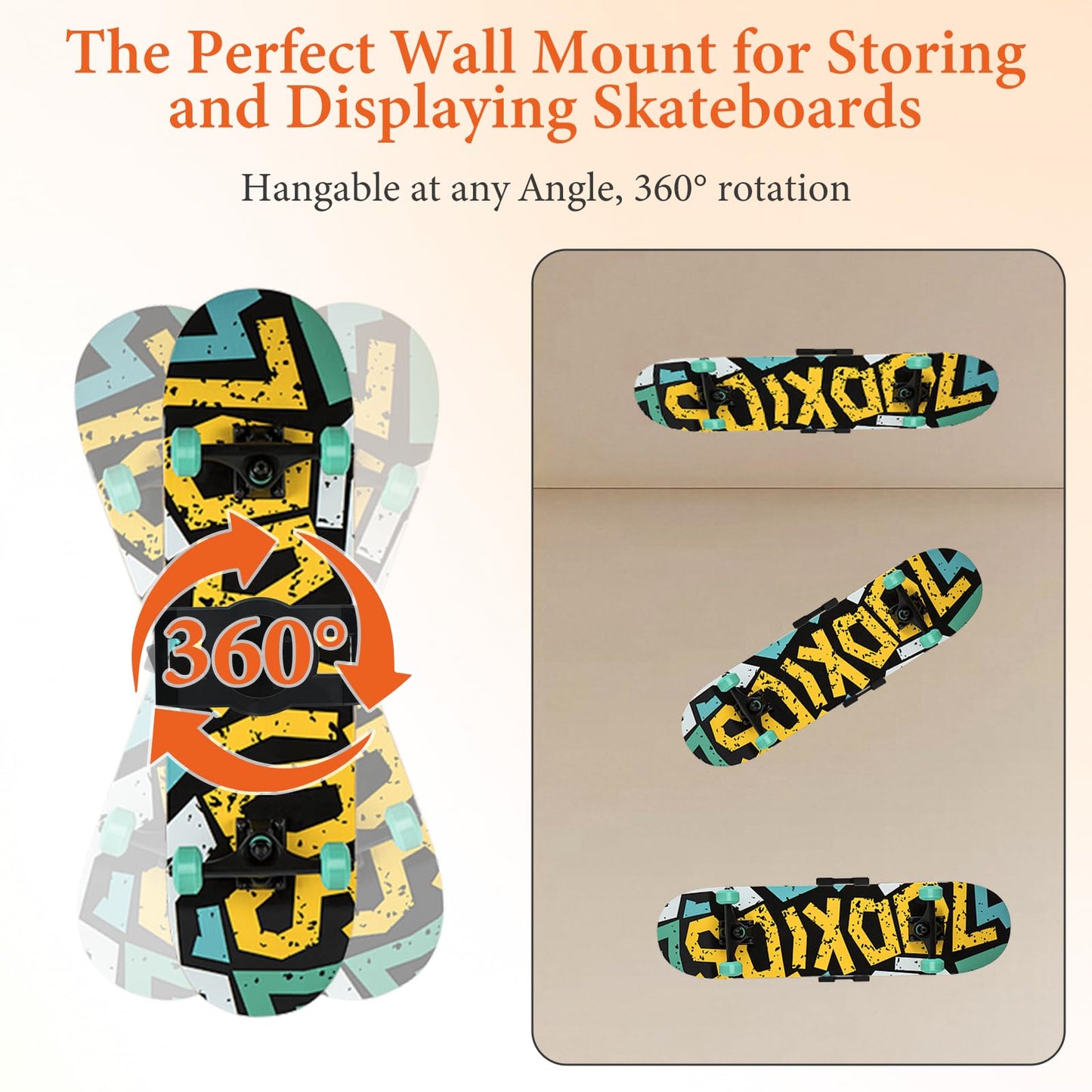 DRABPOI Skateboard Decks Wall Mount 360° Rotating Skateboard Wall Hanger, Universal Skate Wall Mount Horizontal Any Angle Extending Floating Display Hanger Grab (3PCS Wall Hanger) (3PCS Wall Hanger)
