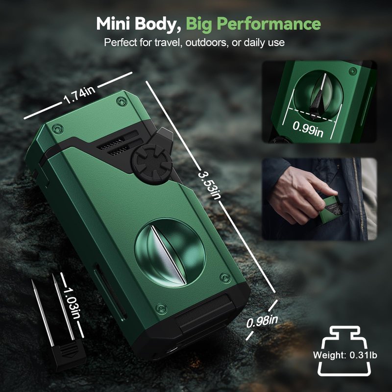 5-in-1 Torch Lighter, 4 Jet Windproof Flame with Built-in Cutter, Holder, Punch, Draw Enhancer Tool, Refillable Butane Torch Lighters, Multi-Functional Accessories, Gifts for Men, Lighters for Candle