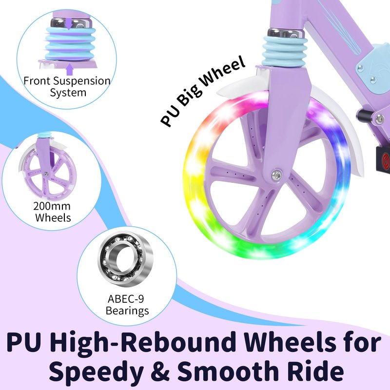 BELEEV V8 Scooters for Kids Ages 6+ with Light-Up Wheel & Stem & Deck, 2 Wheel Folding Scooter for Adults Teens, 4 Adjustable Height, Lightweight Sport Commuter Scooter, up to 220lbs(Light Purple)