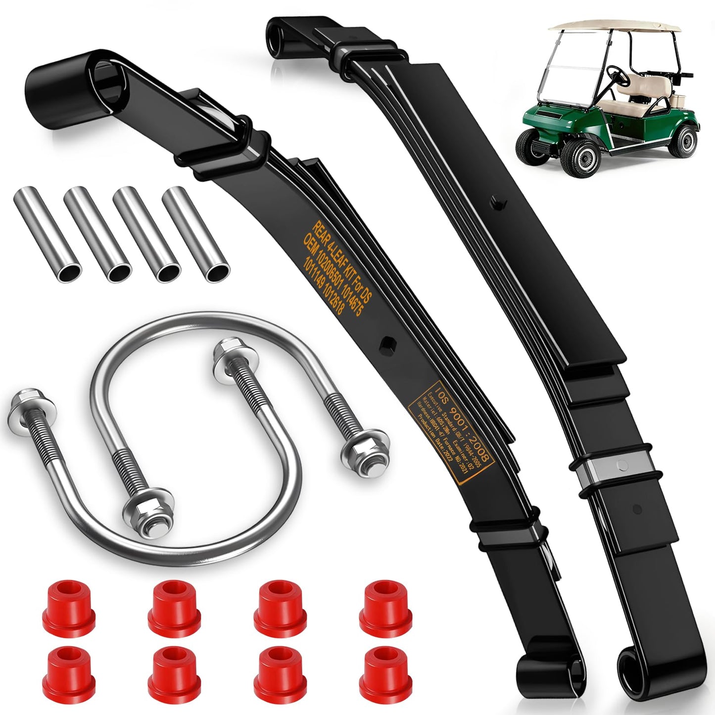 Cartalia Upgraded Heavy Duty Rear 4-Leaf Springs Kit for Club Car DS 1981-Up Gas & Electric Golf Cart Suspension with Bushings Sleeves U-Bolts Replace OEM 102006501 1014675 Fixes Sagging Load Capacity