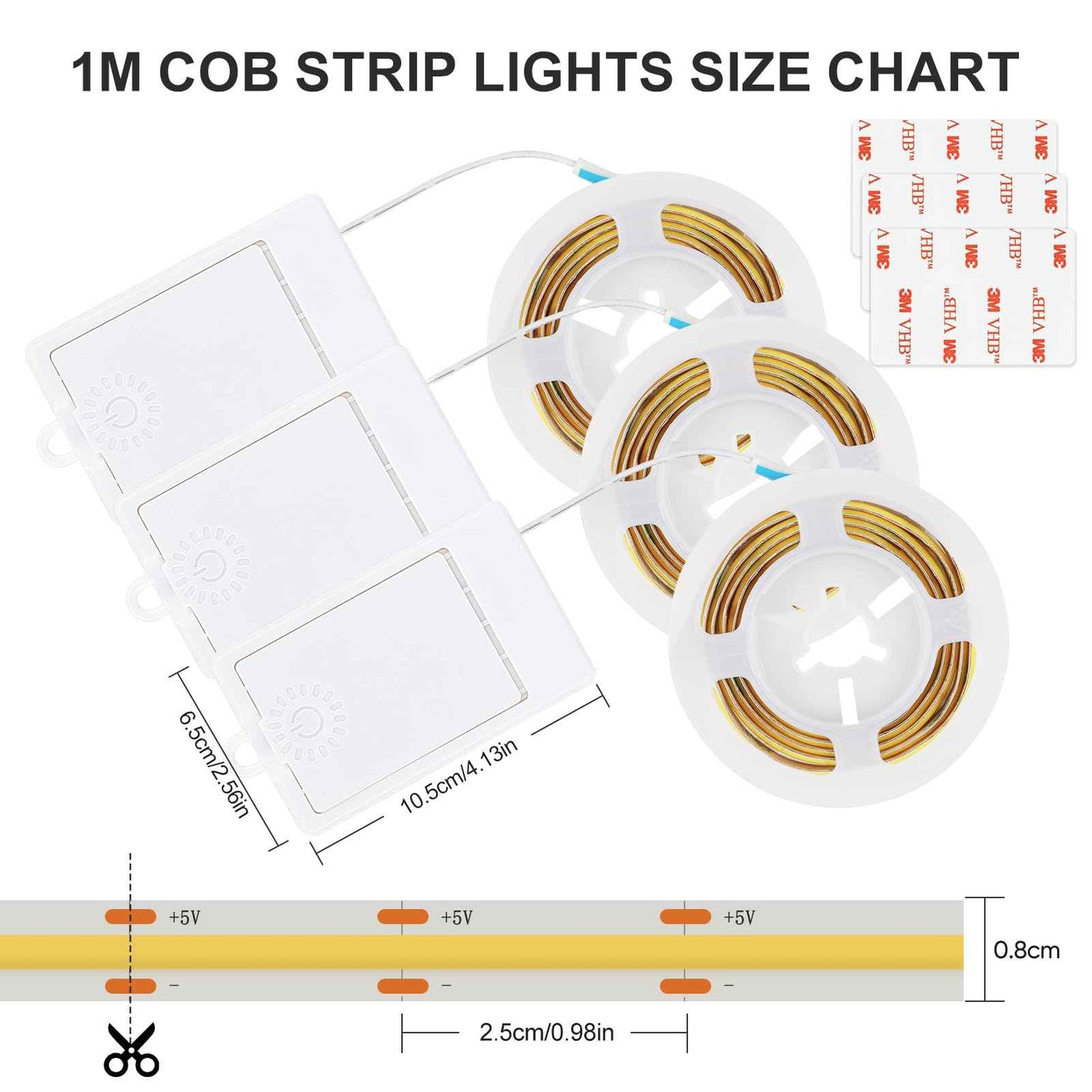 OMIKA 3 Pack COB LED Strip Lights, 3.3ft 320 LEDs Battery Powered LED Strip Lights, Flexible Cuttable Click Lights for Cabinet, Bedroom, Desk, Kitchen, Bedroom, 2700K Warm White