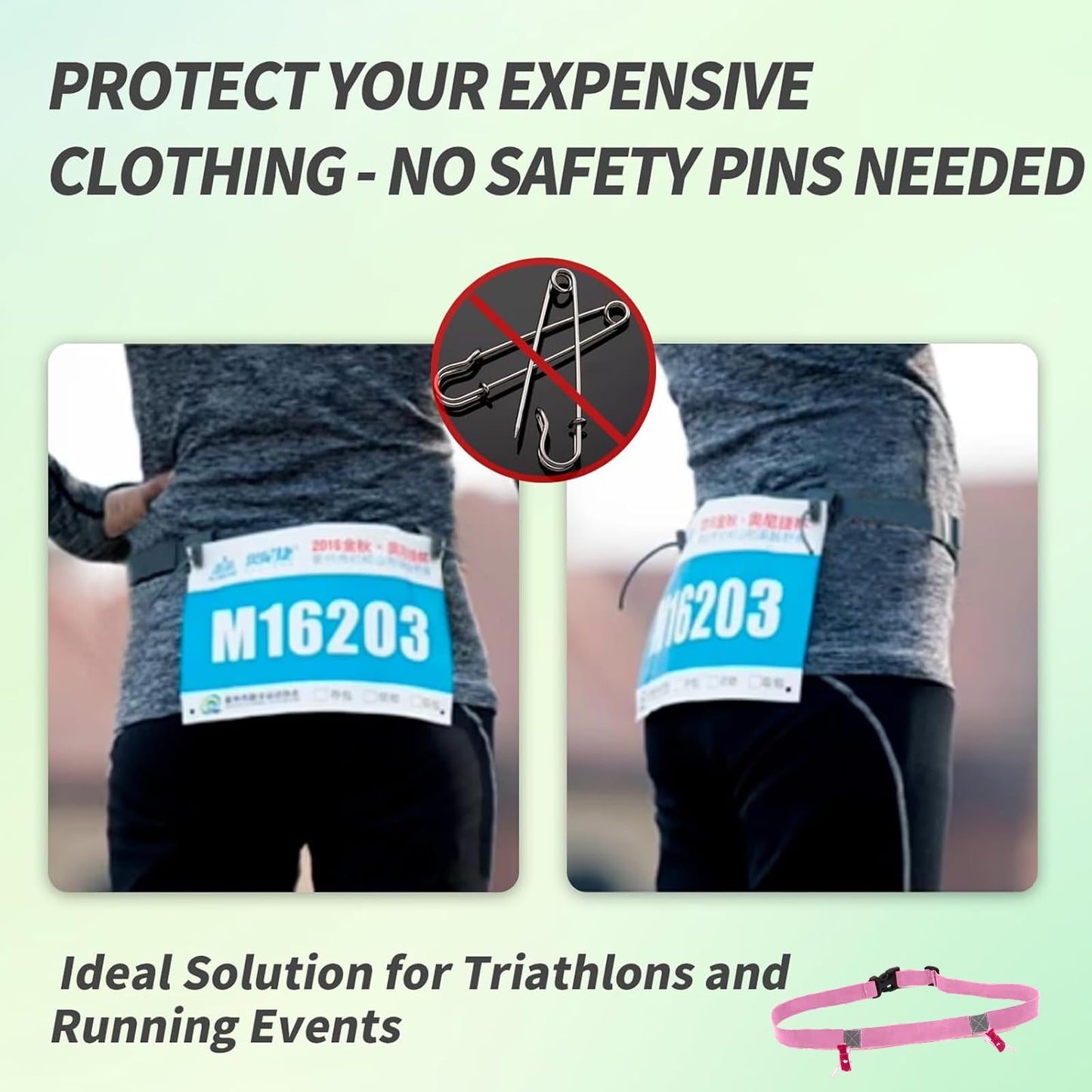 Stretch Fit Triathlon Number Belt No Pins Needed Comfortable Running Race Belt with Bib Holder for Marathon & More(Pink)