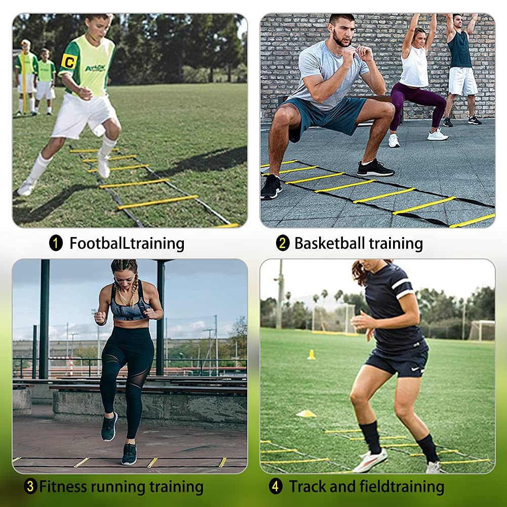 YGORTECH Soccer Training Equipment Set - 20FT Agility Ladder, 12 Soccer Cones, Kick Trainer, Speed and Agility Training Equipment for Indoor/Outdoor Practice Yellow Ladder