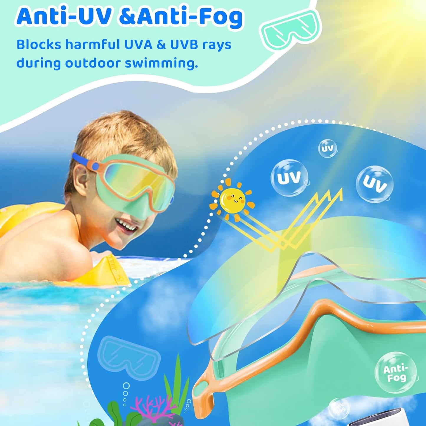 Vvinca Kids Swim Goggles - Anti-Fog UV Protection with Nose Cover | 2 Pack for Ages 3-14