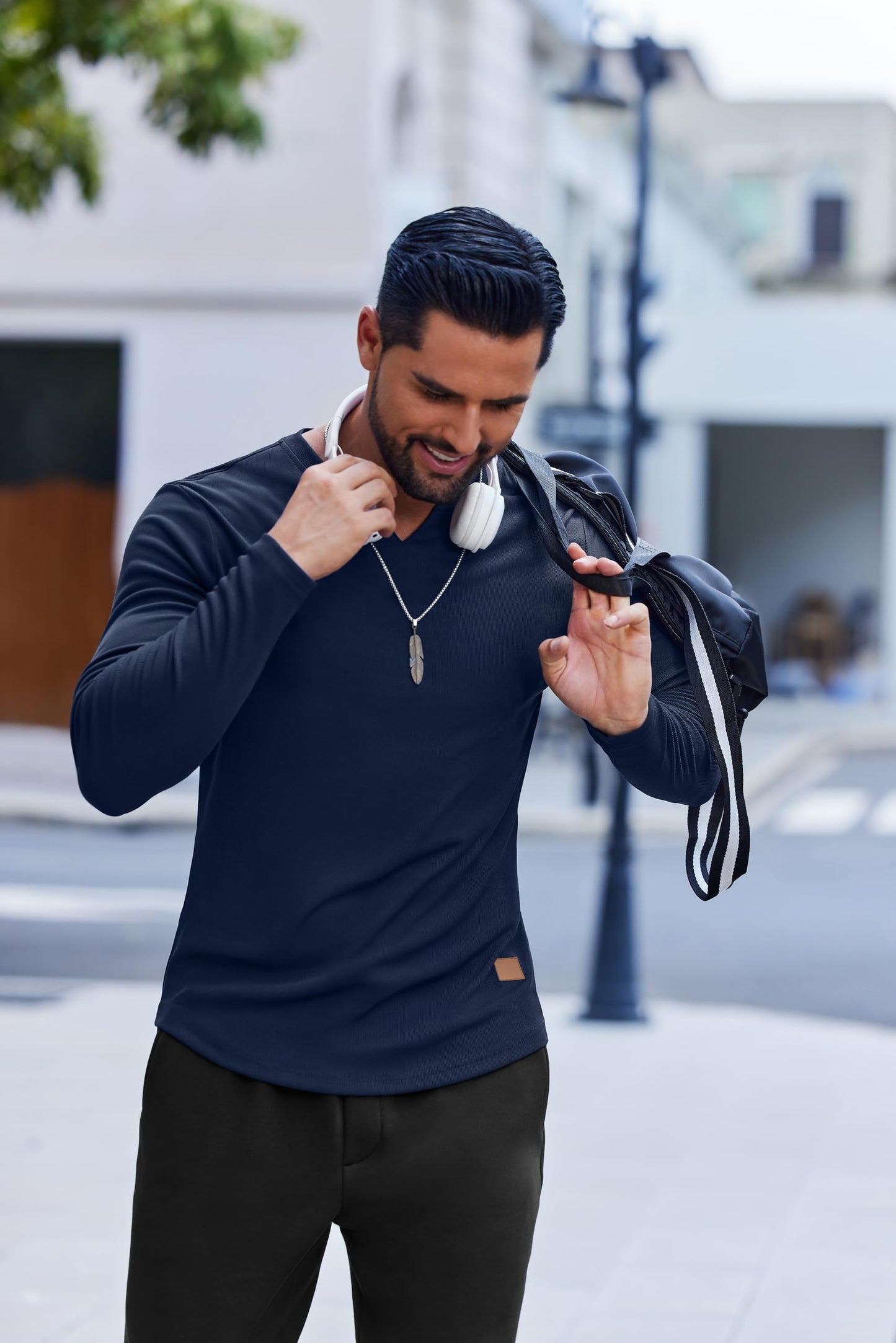 COOFANDY Mens Casual V Neck T Shirt Slim Fitted Long Sleeve Muscle Henley Stretch Tee Shirts for Athletic Running Gym Workout Navy Blue